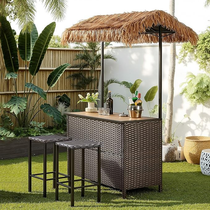 Belord Outdoor Tiki Bar Set with Palapa Top - 3 Piece Wicker Bar Height Patio Set with 2 Stools, ... | Amazon (US)