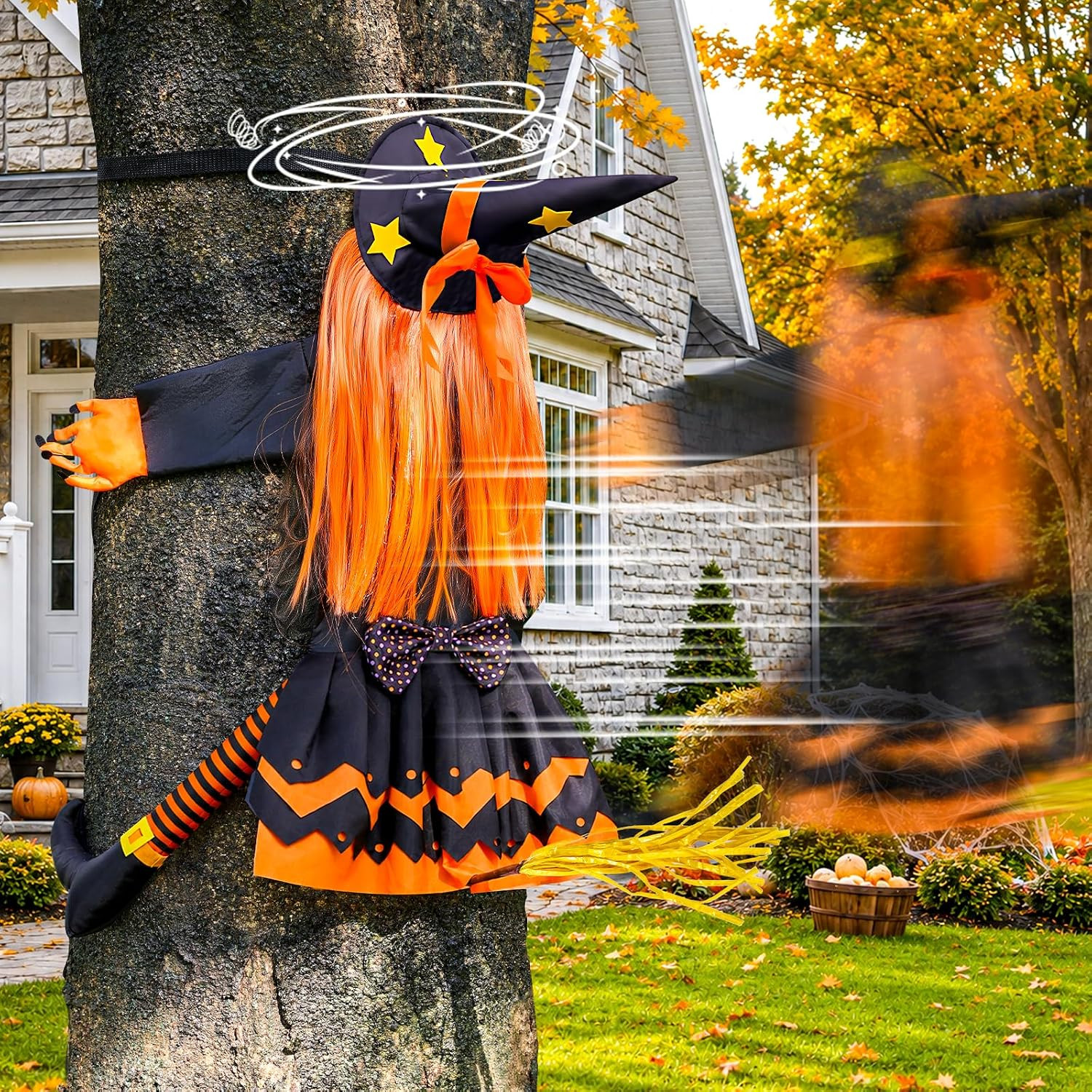 45" Halloween Crashing Witch Decoration Flying Witchs on Broom Hanging from Tree Outdoor Halloween Decor for Yard Garden Porch Patio | Amazon (US)