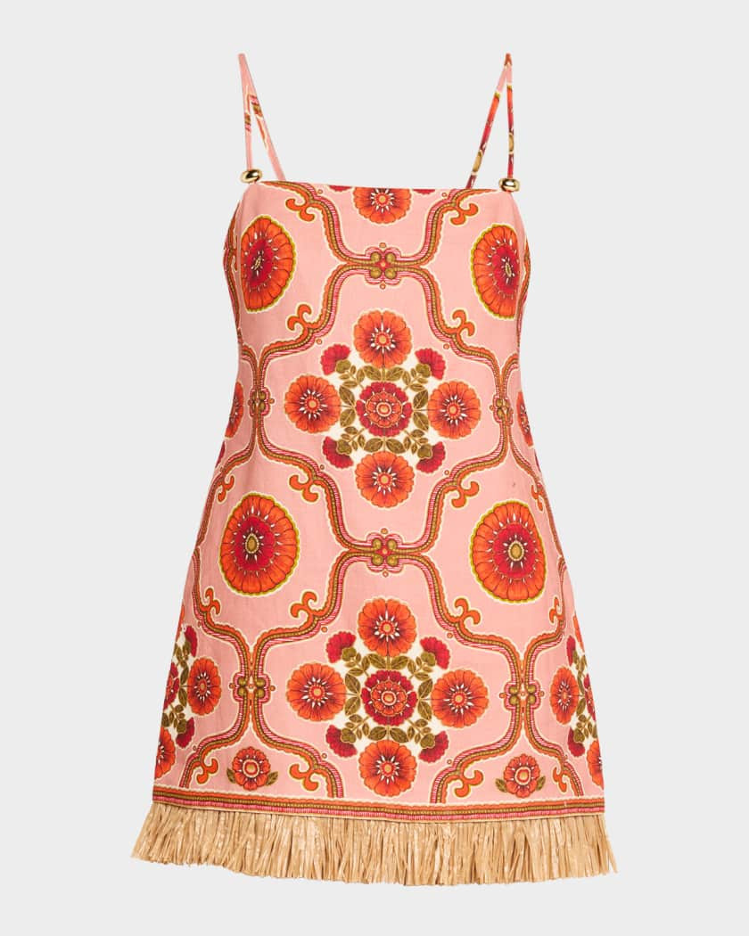 Valencia Printed Feather-Trim Mini Dress | Neiman Marcus