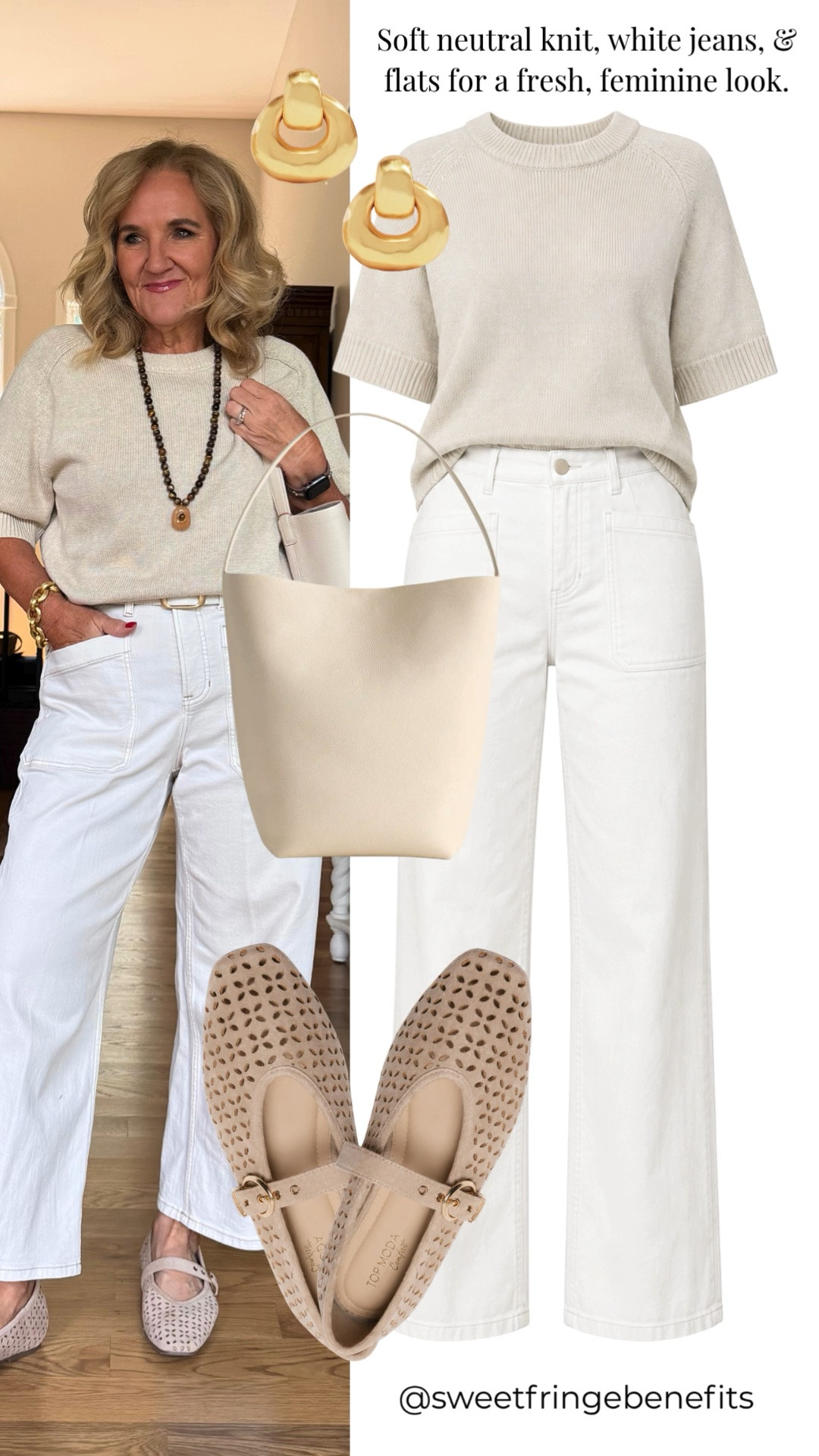 Soft neutral knit, white jeans, and woven flats create such a fresh, feminine look. The tonal palette feels clean and polished, while the relaxed pieces keep it comfortable for everyday wear.

💡 LTK MADE EASY
❤️ Heart = Support my posts!
🔖 Save = Get sale & restock alerts
📋 Lists = Keep favorites organized
📲 Share = Send lists and products to a friend. Hello, Christmas List!
💬 Comment = Ask me anything about what I'm wearing.:-)

#LTKootd #LTKWorkwear #LTKOver40
