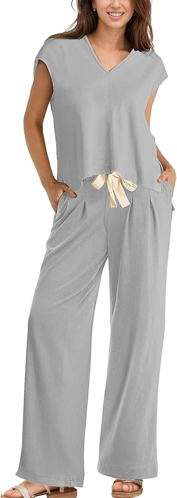 Women's Summer 2 Piece Outfits Side Split Tops High Waisted Wide Leg Pants Lounge Sets for Women ... | Amazon (US)