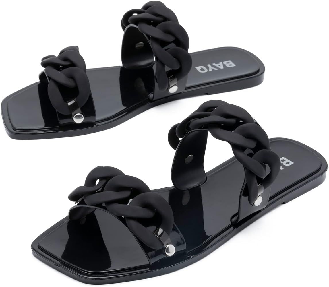 Slide Sandals for Women Square Toe - Chain Decor Black Jelly Sandals Fashion Two Straps Open Toe ... | Amazon (US)