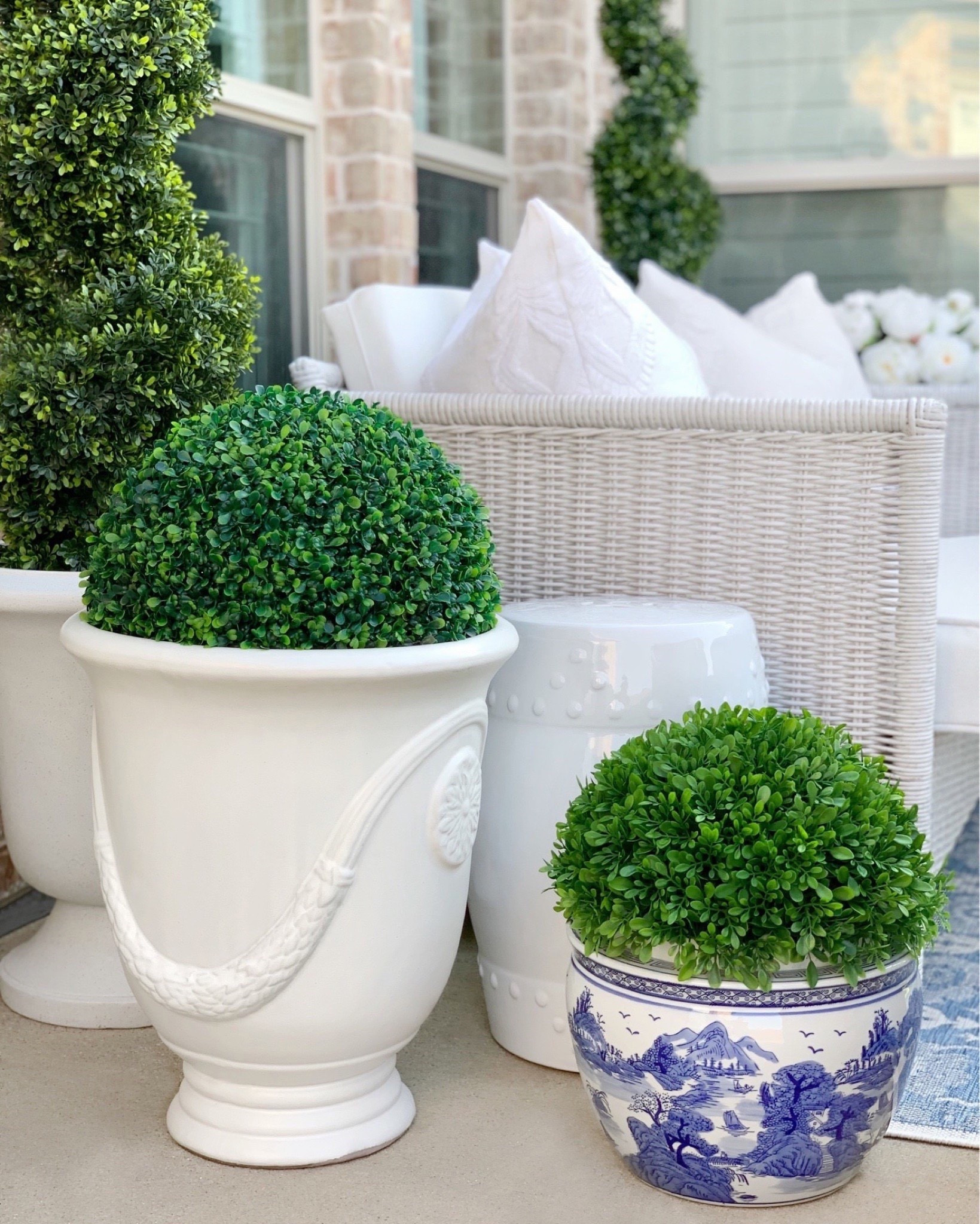 Faux boxwood balls, patio, outdoor decor 
