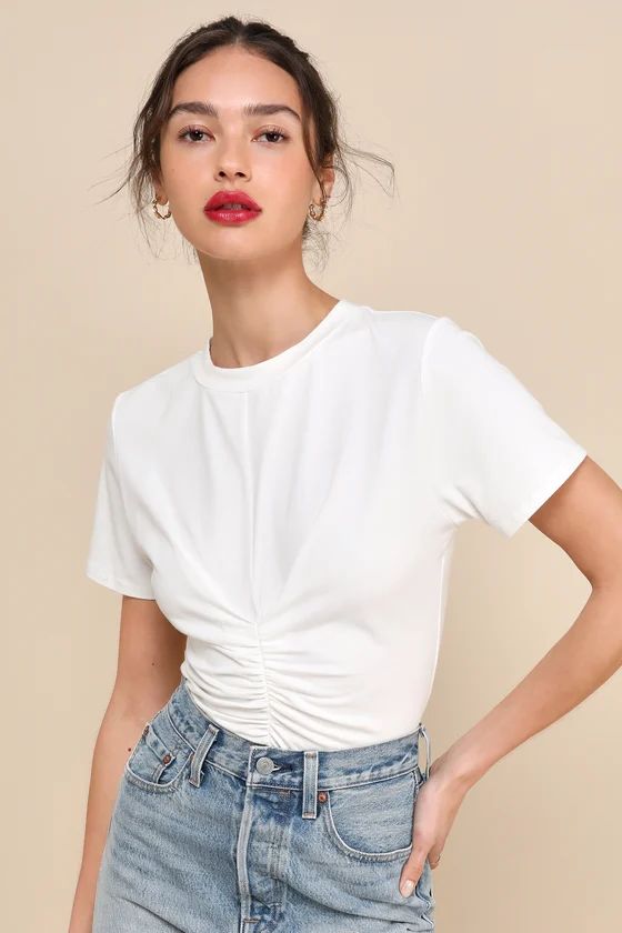 Simply a Vibe Ivory Ruched Short Sleeve Crew Neck Top | Lulus