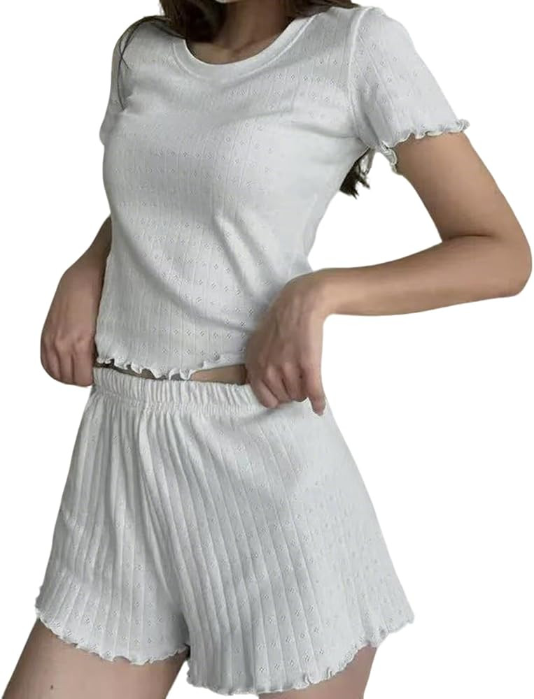 Women's Summer Pajamas Sets 2 Piece Lounge Sets Short Sleeve Crew Neck Tops & Elastic Waist Short... | Amazon (US)