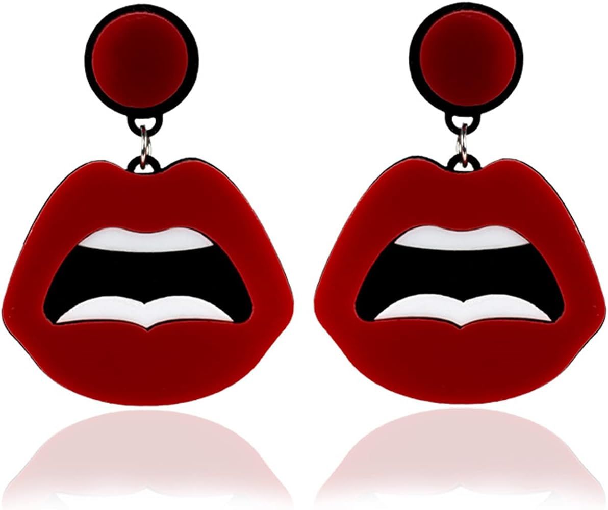 QUPENGXU Funny Red Big Mouth Lipstick Teeth Drop Dangle Earrings Sexy Punk Style Round Lips Mouth... | Amazon (US)