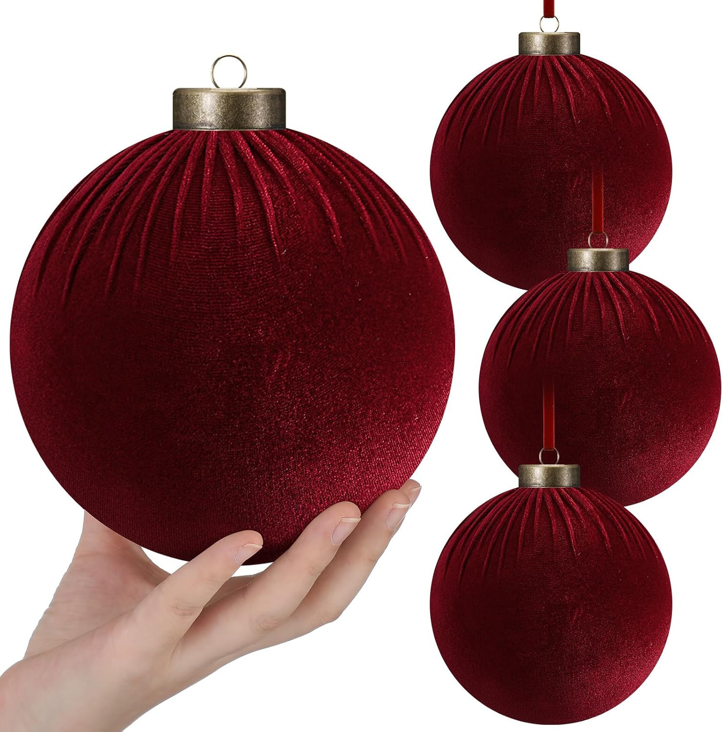HyDren 4 Pcs Velvet Christmas Ball Ornaments, Burgundy, 6 Inches | Amazon (US)