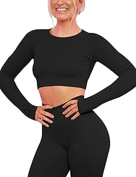 VALANDY Long Sleeve Crop Tops for Women Seamless Workout Shirts Fitted Crewneck Ribbed Basic Swea... | Amazon (CA)