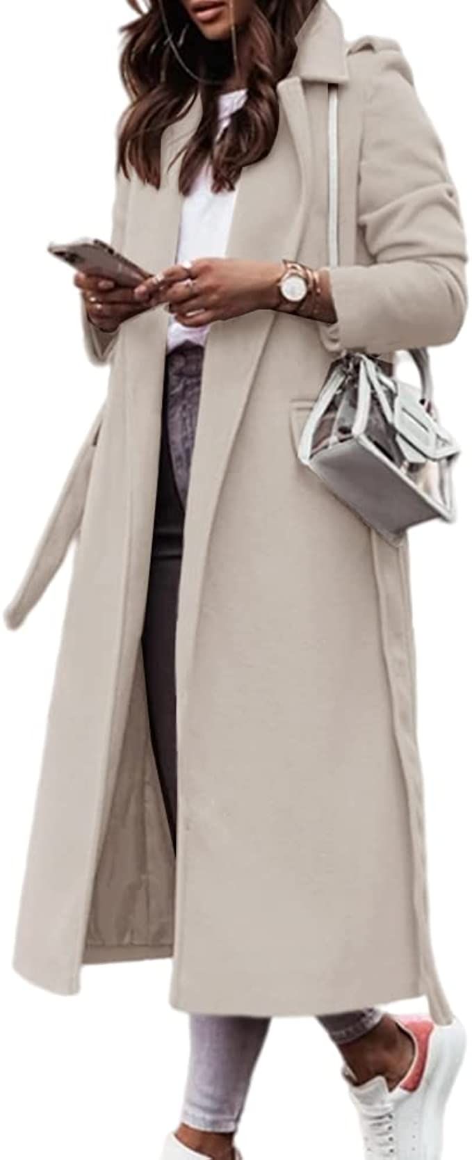 Vdnerjg Women Elegant Blend Wool Long Overcoat Notched Lapel Winter Coat with Pockets Belted | Amazon (US)