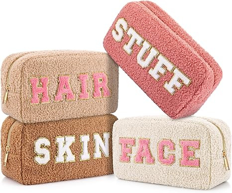 Paterr 4 Pcs Chenille Letter Preppy Patches Makeup Bag Plush Fuzzy Makeup Bag Hair Skin Face Stuf... | Amazon (US)