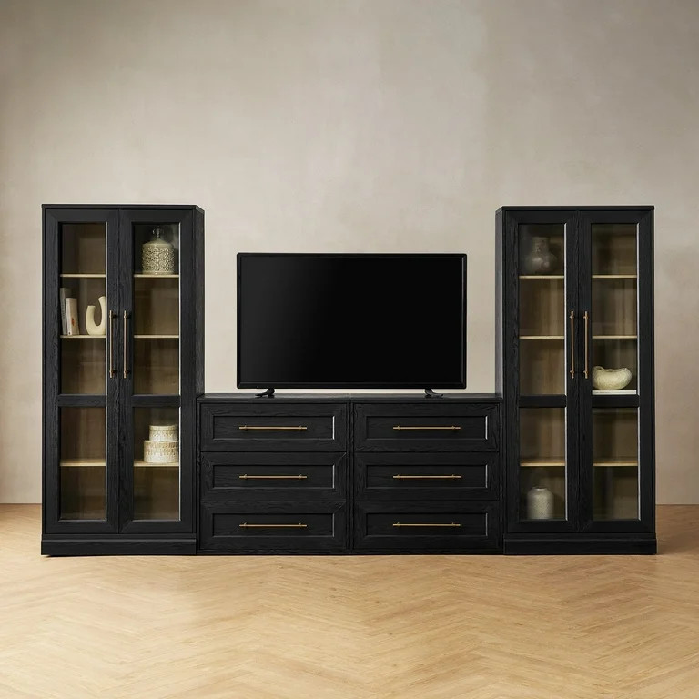 Blake 4 Piece Entertainment Center with Storage, Dresser TV Stand with Tall Display Cabinets, Bla... | Walmart (US)