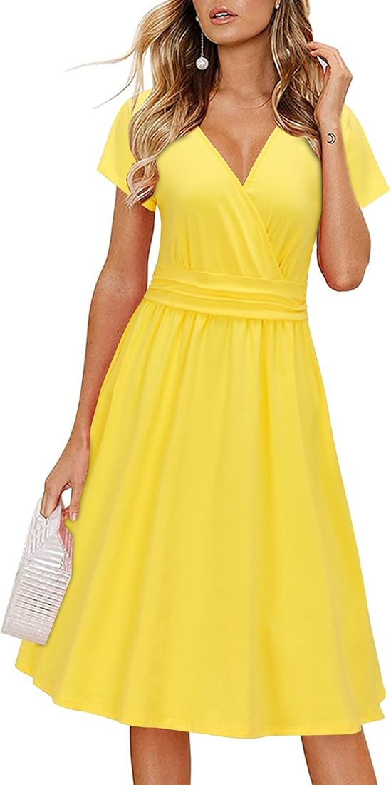 Newshows Women's Summer Short Sleeve Dress V Neck Floral Casual Faux Wrap Party Midi Sundress wit... | Amazon (US)