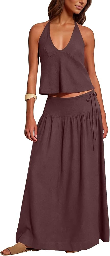 Women 2 Piece Skirt Set Summer V Neck Backless Halter Cami Crop Top and Flowy A Line Maxi Skirt T... | Amazon (US)