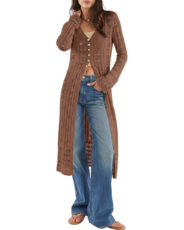 Sidefeel Womens Long Cardigans Crochet Duster Button Up Bell Long Sleeve Trendy Fall Lightweight ... | Amazon (US)