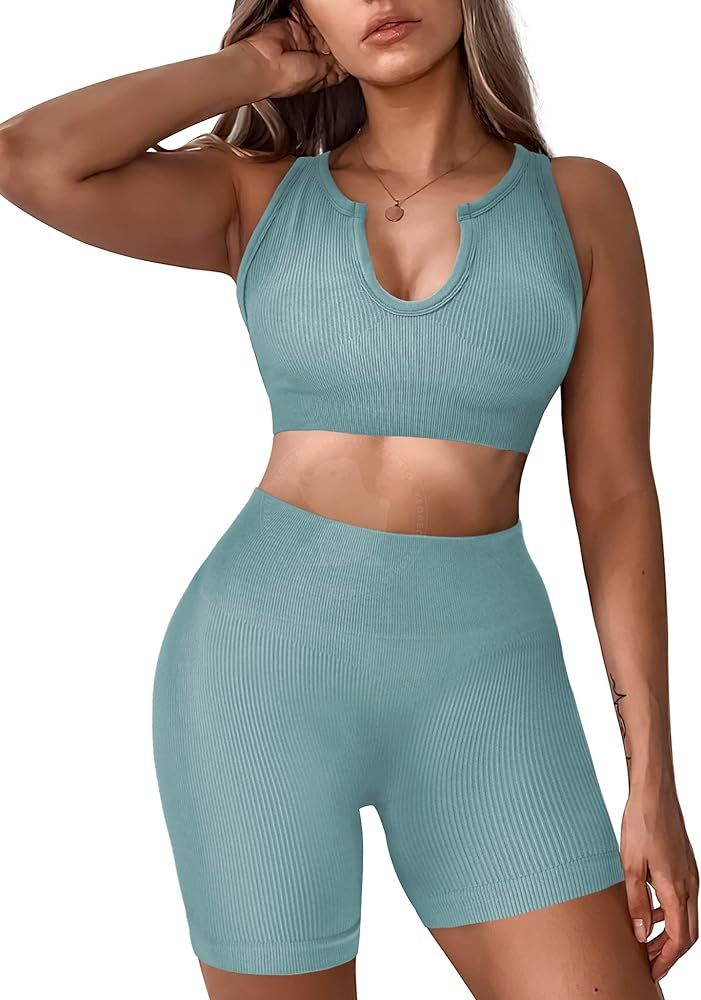 YEOREO Women 2 Pieces Workout Set High Waist Seamless Yoga Outfit Ribbed Sports Bra V Neck Sleeve... | Amazon (US)