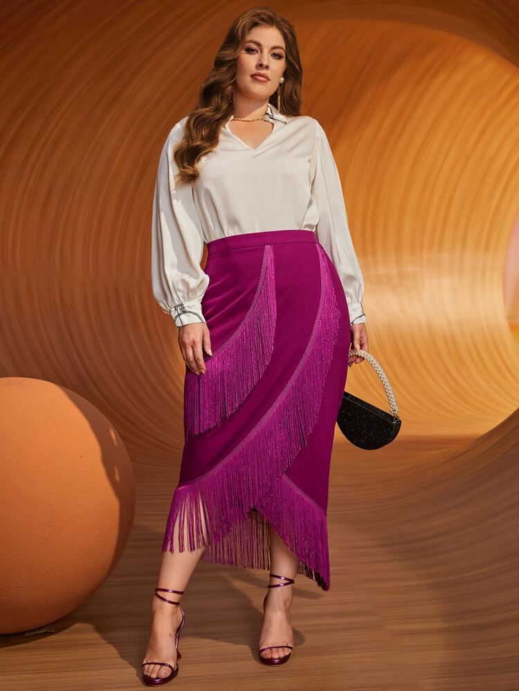 SHEIN Modely Plus Fringe Trim Asymmetrical Hem Skirt | SHEIN