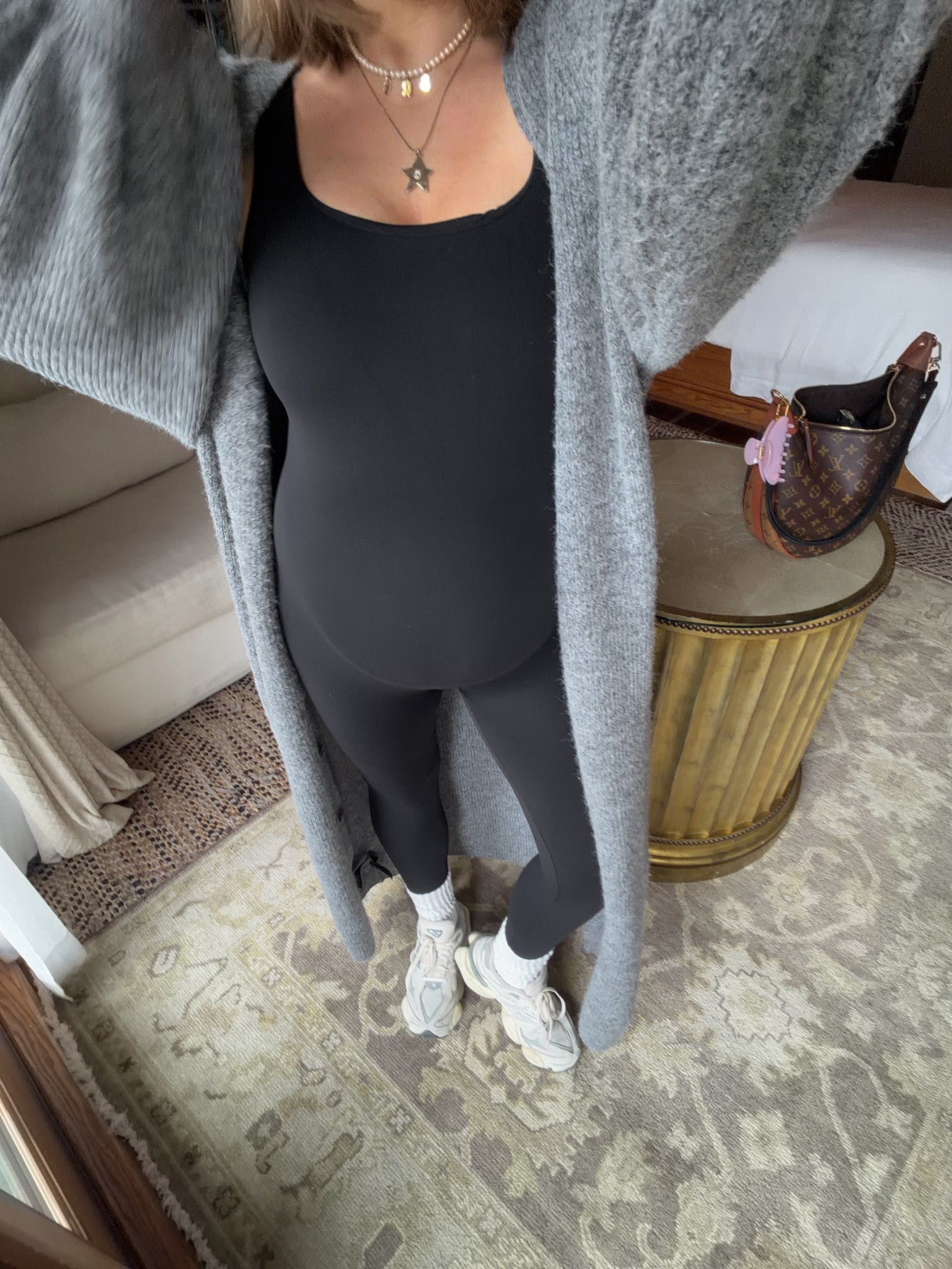 Size small in both romper (one piece) and sweater - plenty of room in the romper it’s super stretchy and loose I sized down. Typically a medium so it’s really big. Linked a bunch of similar sweaters 🫶🏼 Sneakers true to size! Amazon sunnies. Bracha code BRE15

#pregnancy #bumpstyle #amazon