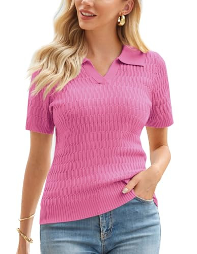 Women's Short Sleeve Polo Sweater Tops 2024 Summer V-neck Collared Polo Shirts Cable Knitted Tops Lightweight M Hot Pink | Amazon (US)