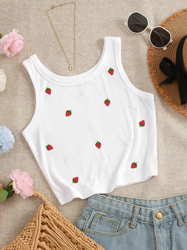 INAWLY Women's Strawberry Embroidery Camisole Tank Top | SHEIN