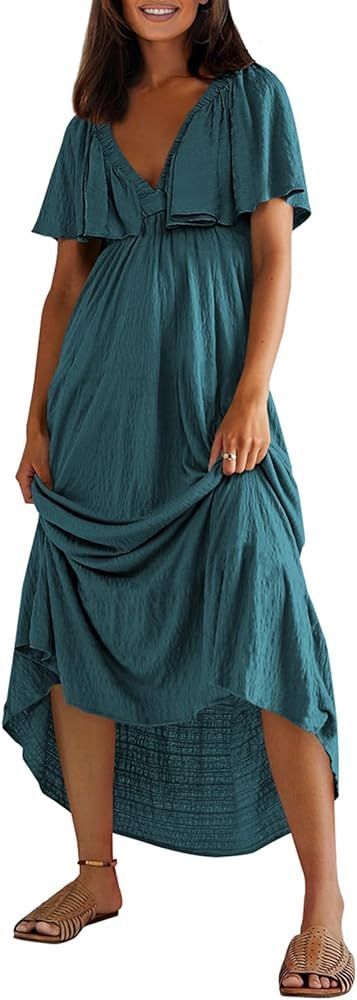 miduo Womens Deep V Neck Flutter Short Sleeve Open Back Tiered Flowy Maxi Long Dresses | Amazon (US)