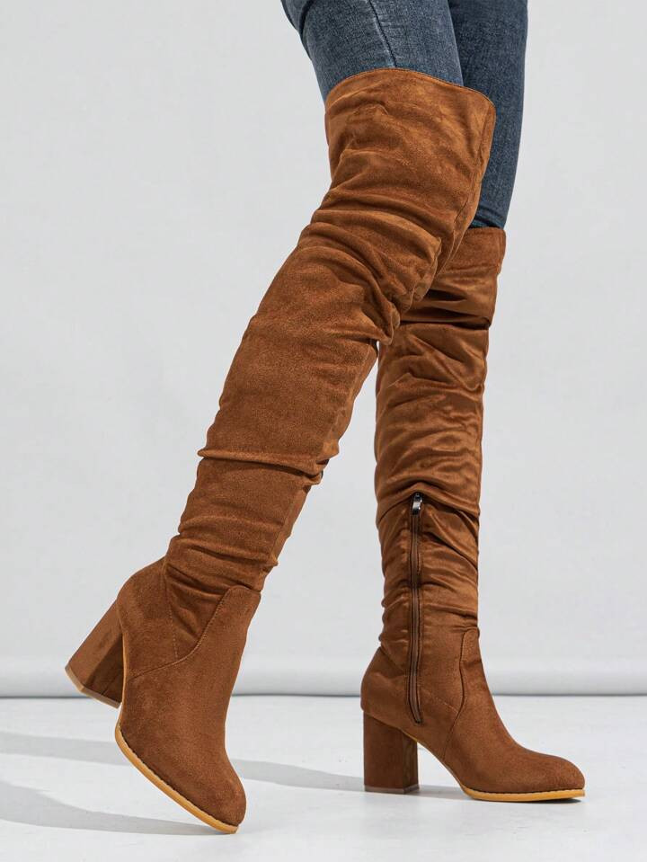 2024 New Women's Suede Chunky Heeled Side Zipper Over-The-Knee High Boots,Ideal With Red Dress | SHEIN