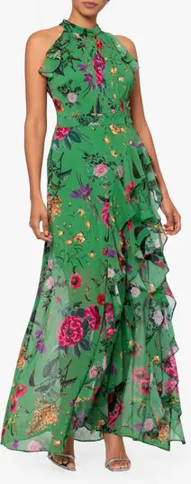 Floral Print Metallic Ruffle Chiffon Gown | Nordstrom
