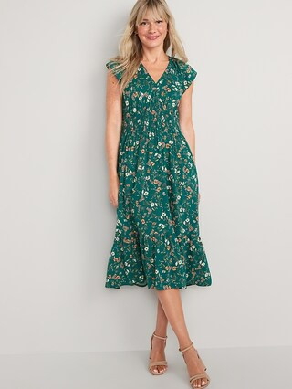 Waist-Defined Flutter-Sleeve Floral-Print Smocked Midi Dress for Women | Old Navy (US)