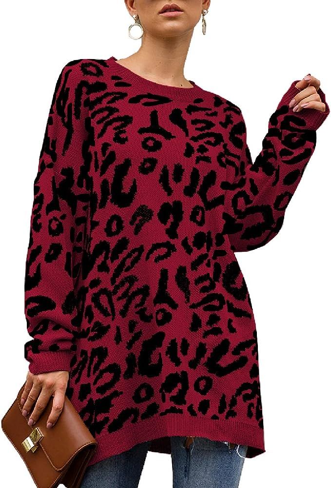 Womens Leopard Print Pullover Oversized Crew Neck Casual Knitted Sweater Tops S-2XL | Amazon (US)