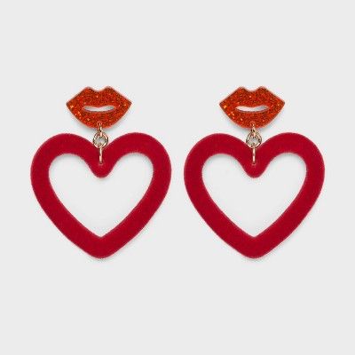 Lip and Flocked Heart Drop Earrings - Red | Target