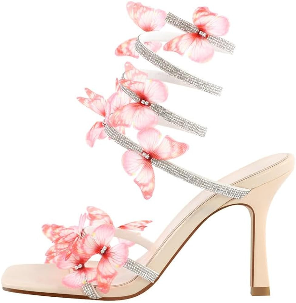 Women's Rhinestone Ankle Wrap Lace Up Heels with Flower Butterfly Open Toe Stiletto Strappy High ... | Amazon (US)