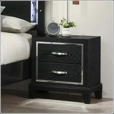 Contemporary Black Nightstand with USB Port, Chrome Handles, and Tapered Legs | Wayfair North America