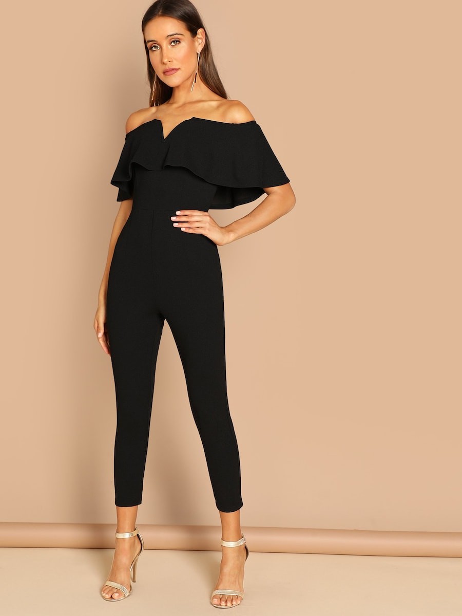 SHEIN Flounce Foldover Front Off Shoulder Skinny Jumpsuit | SHEIN