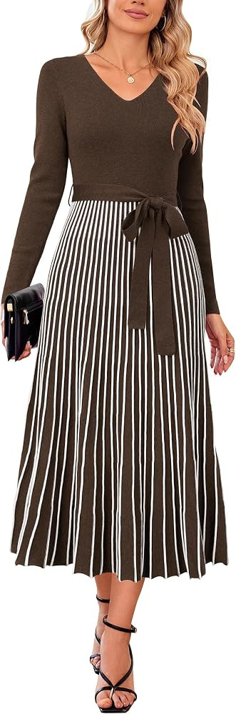 Arach&Cloz Women's Wool Blend Tie Waist Pleated Fall Sweater Dress 2025 | Amazon (US)