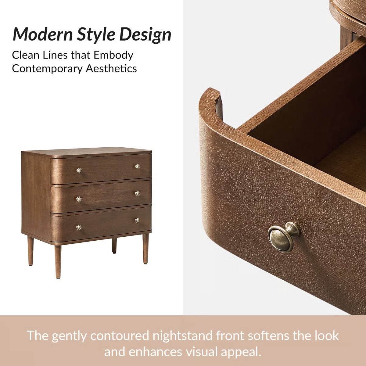 Hokku Designs Cridford Modern 26"W 3-Drawer Nightstand and Curved Body with Solid Wood Legs Built... | Wayfair North America