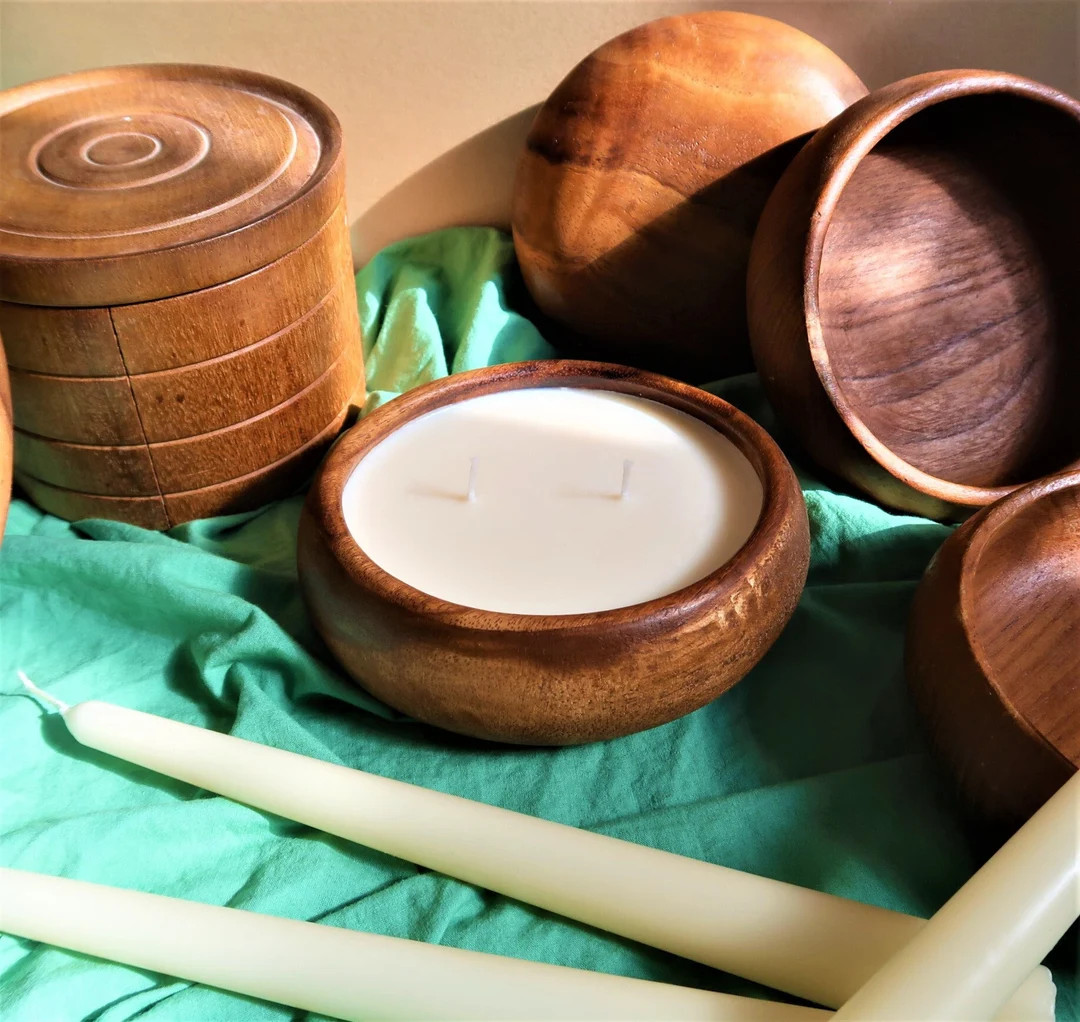 Vintage Hand-milled Primitive Teak Wooden Bowl 100% Hand-poured Unscented Vegan Soy Wax Candle - ... | Etsy (UK)
