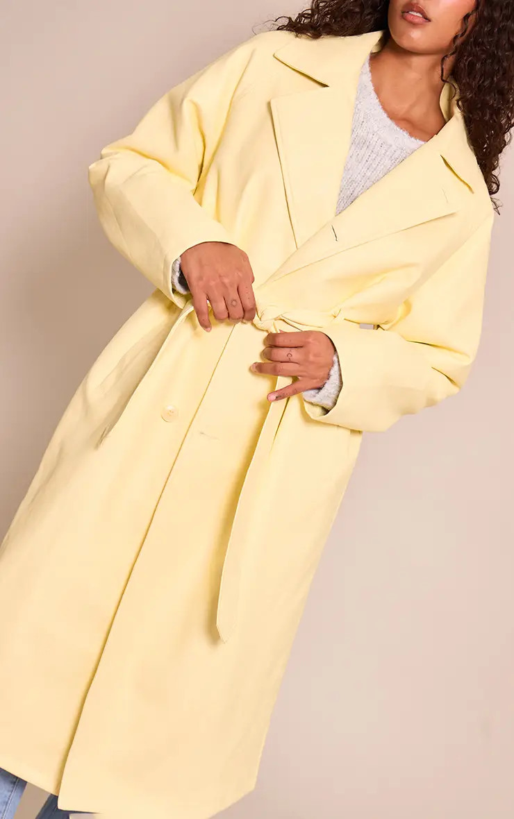 Pale Yellow Faux Leather Maxi Trench Coat | PrettyLittleThing UK