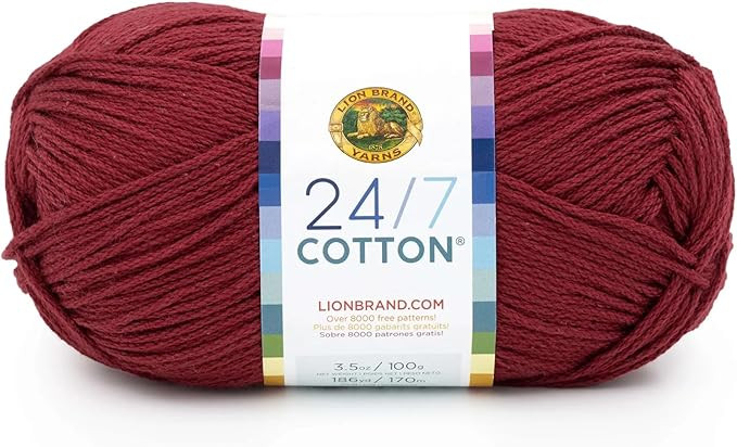 Lion Brand Yarn Lightweight 24/7 Cotton Yarn for Knitting, Crocheting, and Crafts, 1 Pack, Burgun... | Amazon (US)