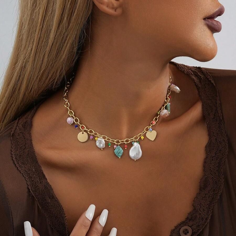 1PC Fashionable Colorful Natural Stone Pearl Shell Pendant Versatile Women's Geometric Neckchain ... | SHEIN