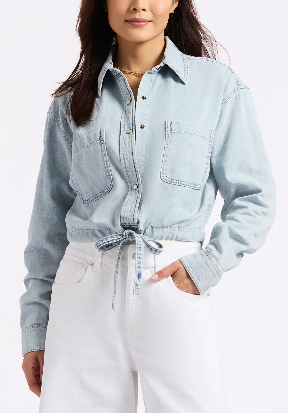 Serena Women's Long-Sleeve Cropped Denim Shirt, Bleached Down Blue - BL16021 | Buffalo David Bitton