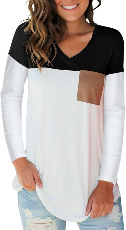 SAMPEEL Women's Basic V Neck T Shirt with Suede Pocket S-XXL | Amazon (US)