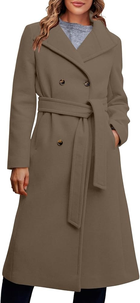 Fisoew Women Double Breasted Coats Long Winter Work Office Overcoat Pocketed Outwear with Belt | Amazon (US)