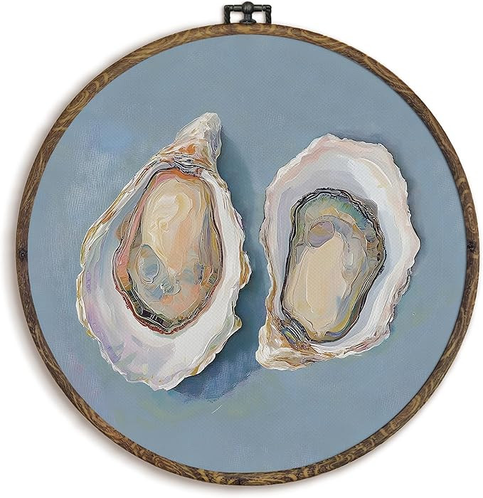 KFXHANGD Coastal Oyster Round Wall Art Framed, Blue Coastal Shells Canvas Wall Art Decor, Oysters... | Amazon (US)