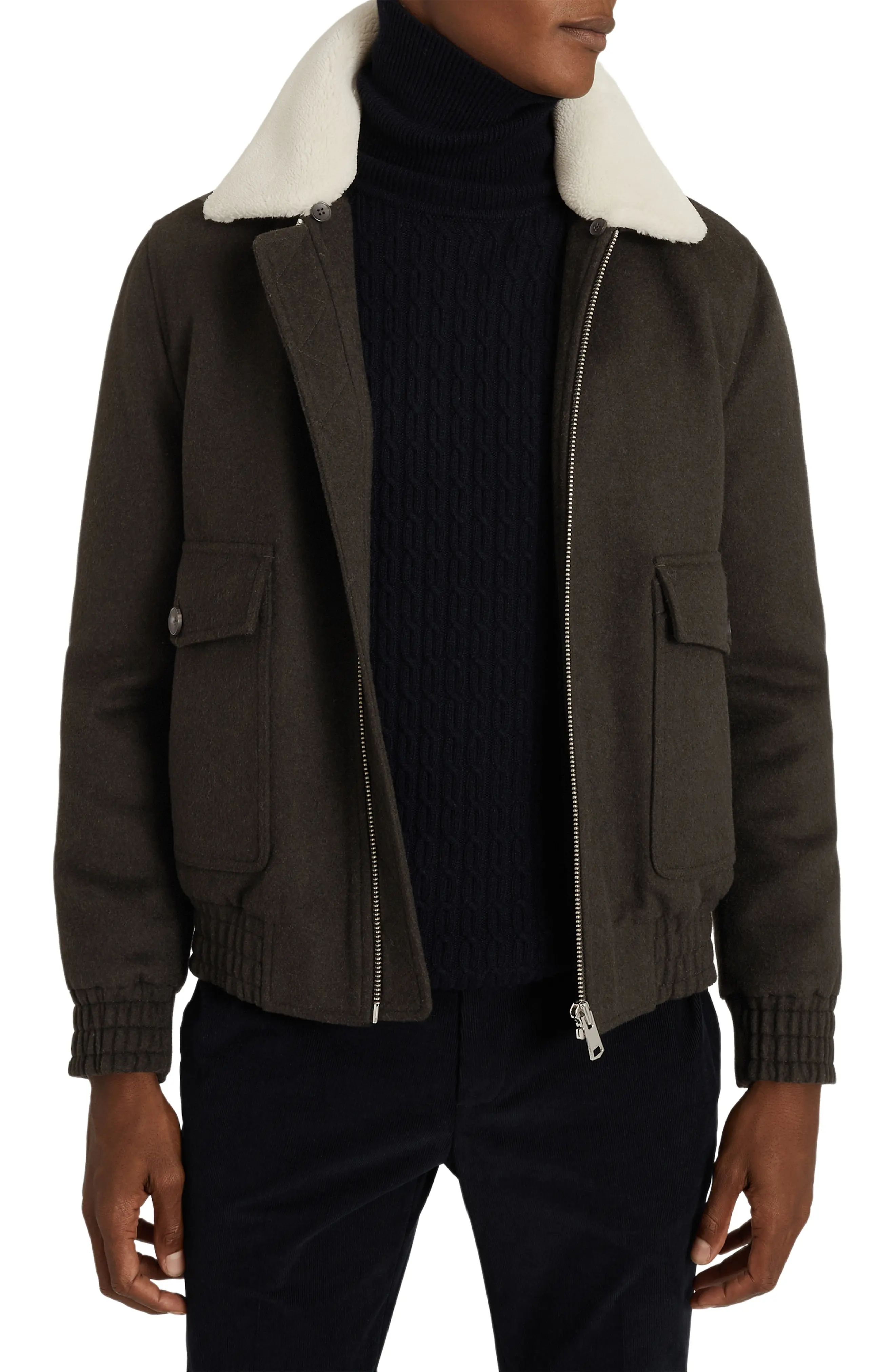 Men's Reiss Rivet Faux Shearling Collar Wool Blend Bomber Jacket, Size Small - Green | Nordstrom