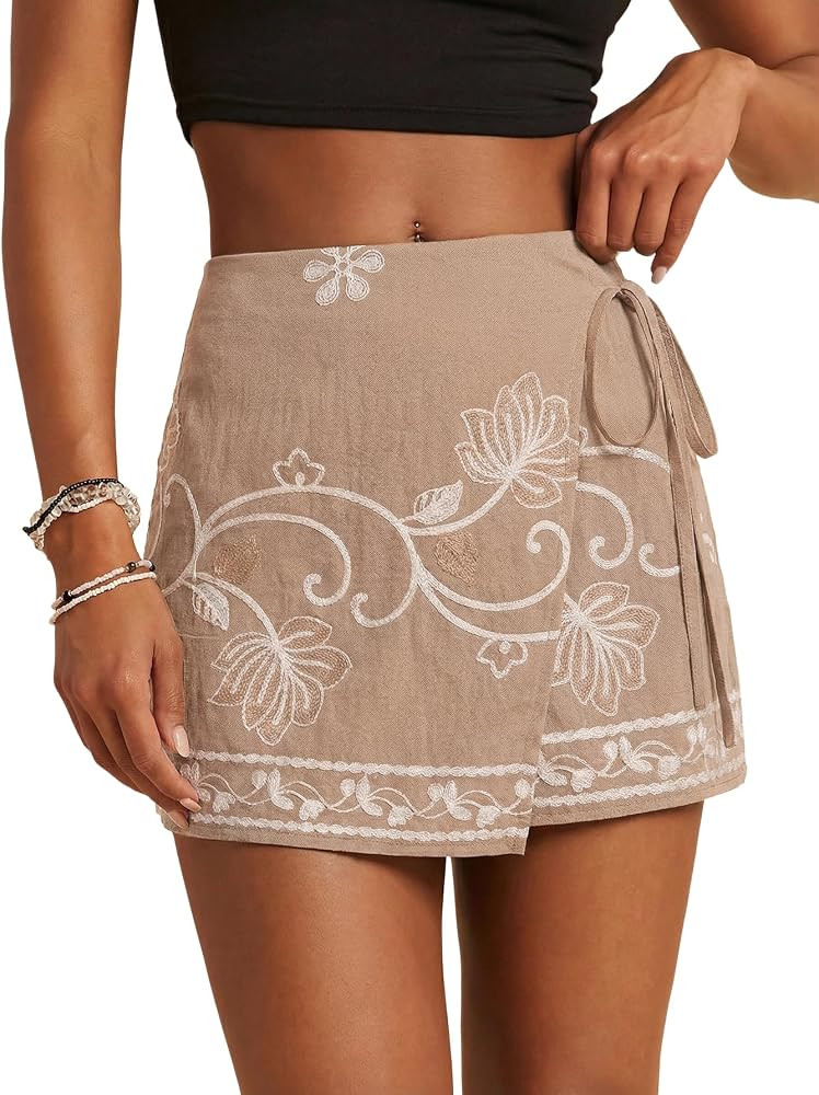 SweatyRocks Women's Boho Mini Skirts Floral Shorts Tie Side Wrap Elastic Waist Summer Skorts Beac... | Amazon (US)