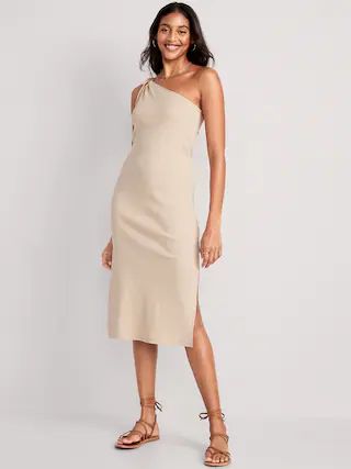 Fitted One-Shoulder Double-Strap Rib-Knit Midi Dress for Women | Old Navy (US)