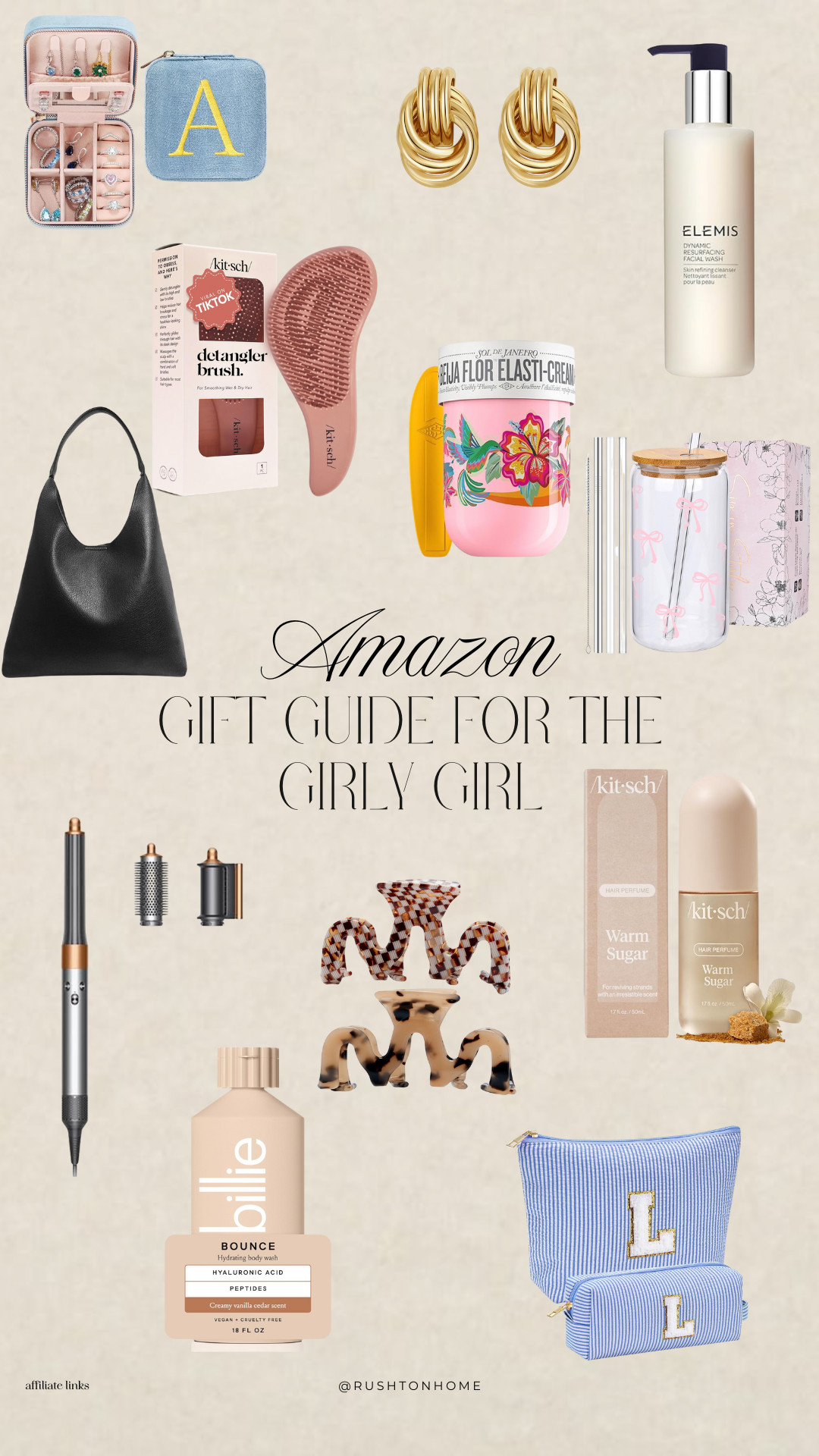 Amazon gift guide, girly girl gifts, holiday gifts for her, beauty lover gifts, Kitsch hair accessories, Billie body wash, gold hoop earrings, Sol de Janeiro body cream, personalized travel jewelry case, monogram makeup bag, Amazon beauty finds, self-care gifts, luxury gifts under $50, feminine aesthetic gifts, stocking stuffer ideas 

 #LTKGiftGuide #LTKHoliday #LTKSeasonal
