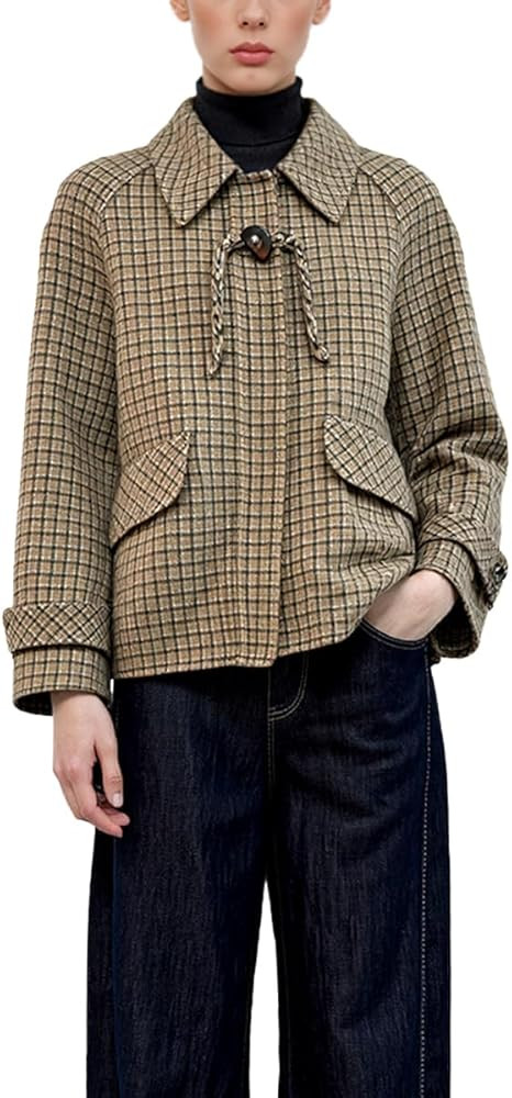 Lucidy Women's Coffee - Colored Plaid Woolen Coat, Short - Length Lapel Collar Toggle - Button Ja... | Amazon (US)