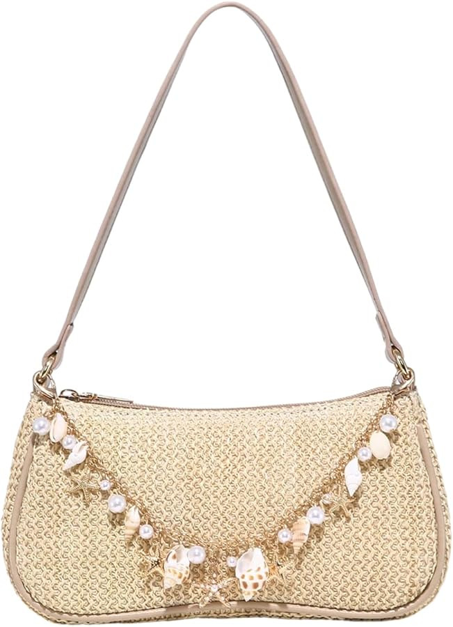 Verdusa Women's Boho Seashell Pearl Beaded Straw Bags Zipper Single Strap Underarm Purses | Amazon (US)