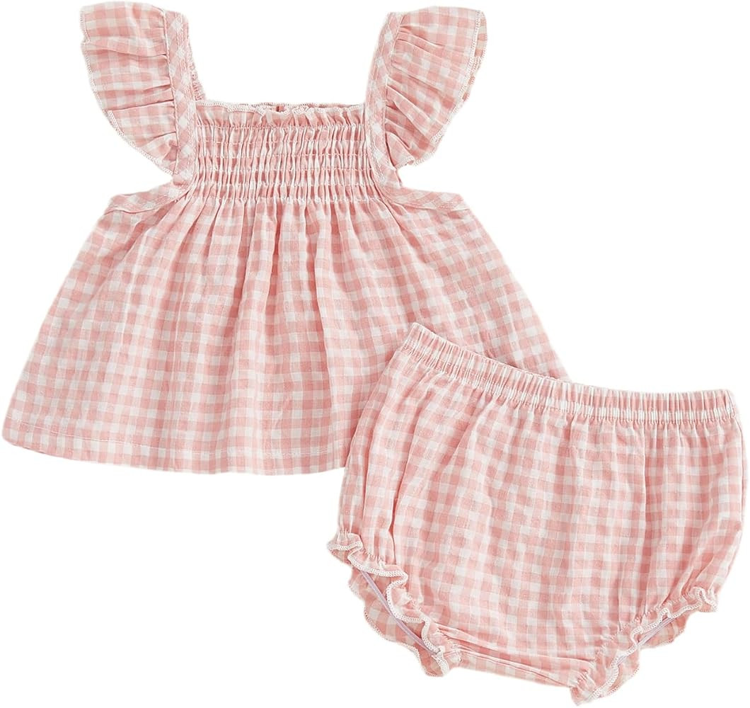 Baby Girl Summer Clothes Plaid Fly Sleeve Ruffle Tops Dress Shorts Set Toddler Girl Outfit 3 6 12... | Amazon (US)