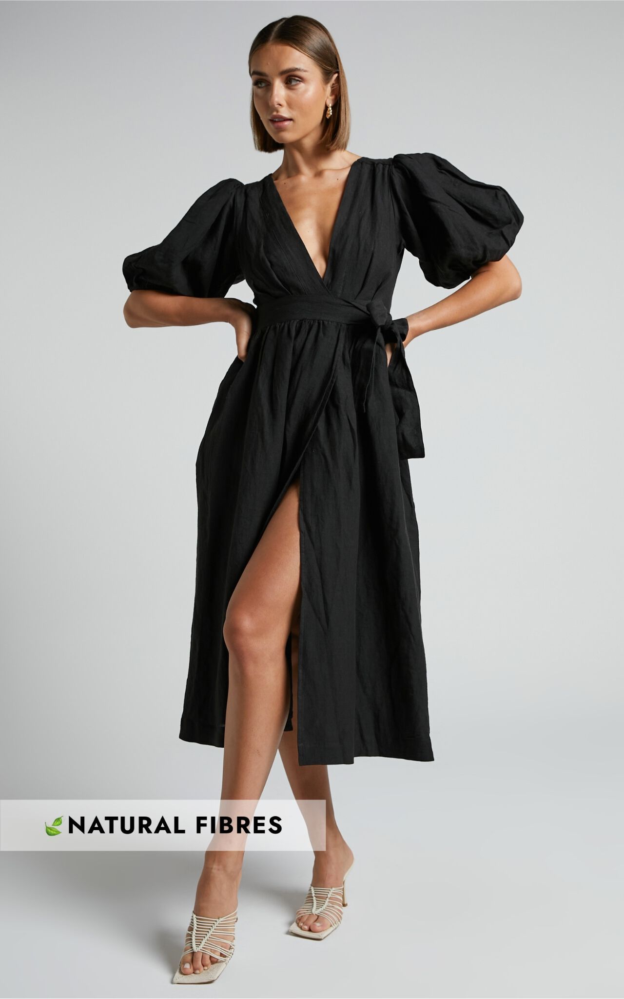 Amalie The Label - Franc Linen Puff Sleeve Wrap Midi Dress in Black | Showpo (US, UK & Europe)